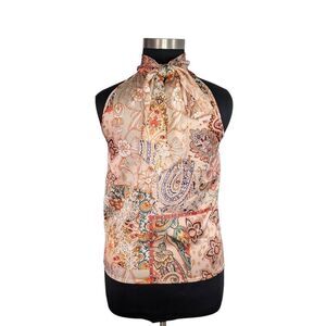 Rachel Zoe L Orange Paisley Tie Neck Top Sleeveless Satin 70s Retro Career Boho
